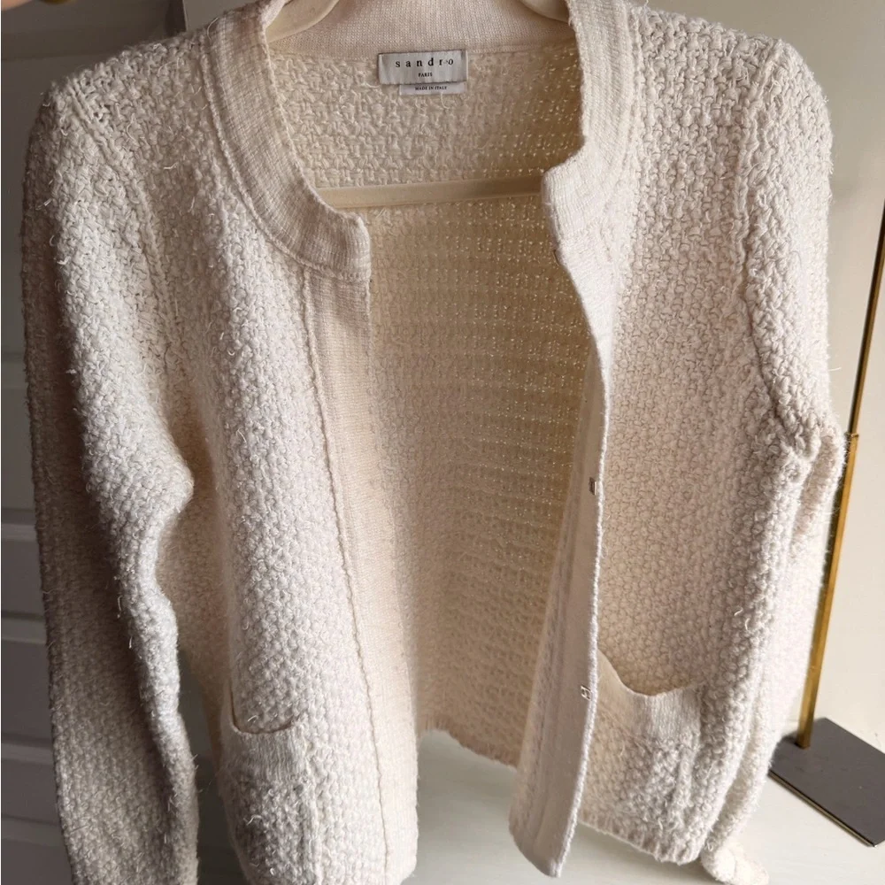Sandro Ivory Textured Open-Front Bouclé Cardigan - Picture 4 of 9